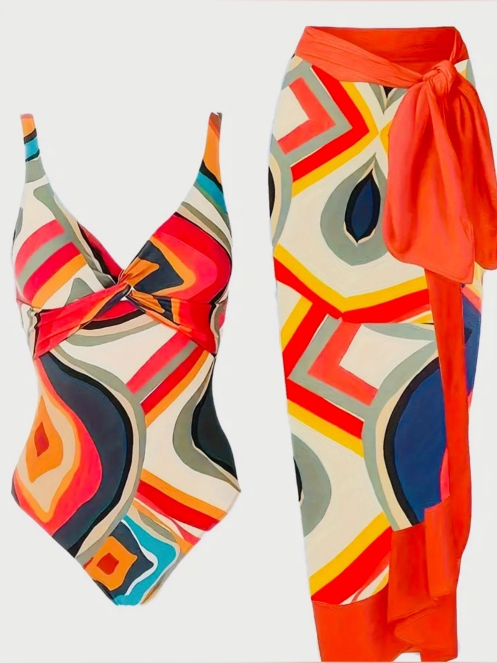 Retro Geo Print One-Piece Swimsuit & Matching Sarong Set | Size XXL | Boho - Picture 2 of 9